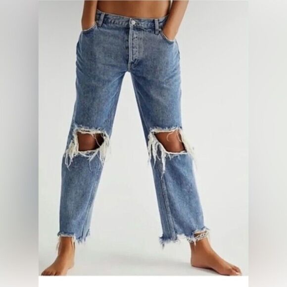 We the Free People Maggie Straight Leg Distressed Denim Women’s Sz 27 Blue Jeans - Picture 1 of 11